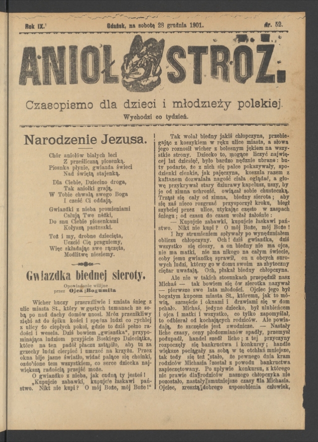 Anioł Str&oacute;ż&nbsp;: czasopismo dla&nbsp;dzieci i&nbsp;młodzieży polskiej. Rok 9, 1901, numer&nbsp;52