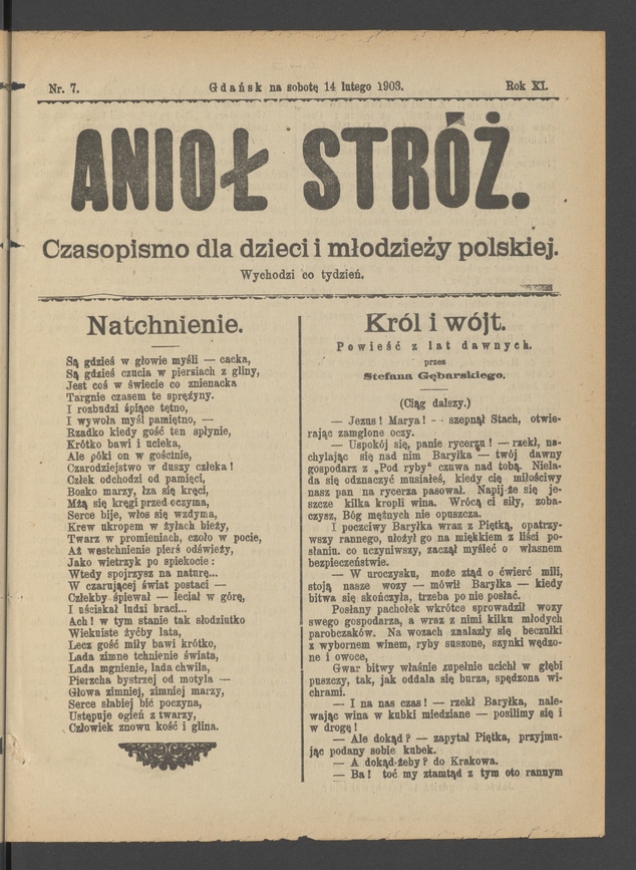 Anioł Str&oacute;ż&nbsp;: czasopismo dla&nbsp;dzieci i&nbsp;młodzieży polskiej. Rok 11, 1903, numer&nbsp;7