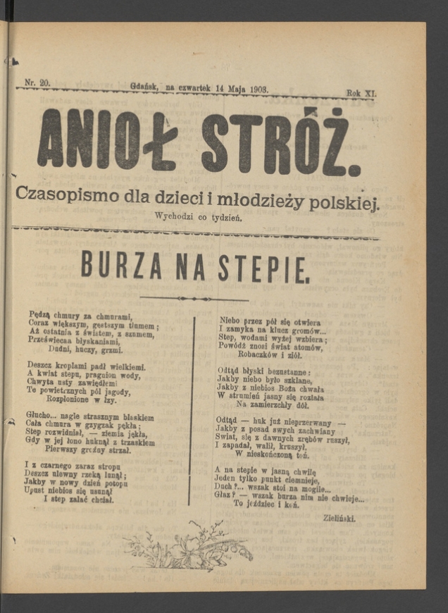 Anioł Str&oacute;ż&nbsp;: czasopismo dla&nbsp;dzieci i&nbsp;młodzieży polskiej. Rok 11, 1903, numer&nbsp;20