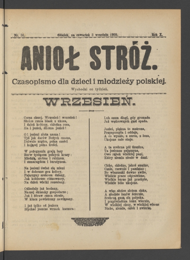 Anioł Str&oacute;ż&nbsp;: czasopismo dla&nbsp;dzieci i&nbsp;młodzieży polskiej. Rok 11, 1903, numer&nbsp;36