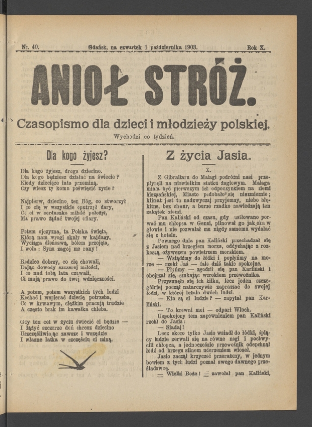Anioł Str&oacute;ż&nbsp;: czasopismo dla&nbsp;dzieci i&nbsp;młodzieży polskiej. Rok 11, 1903, numer&nbsp;40