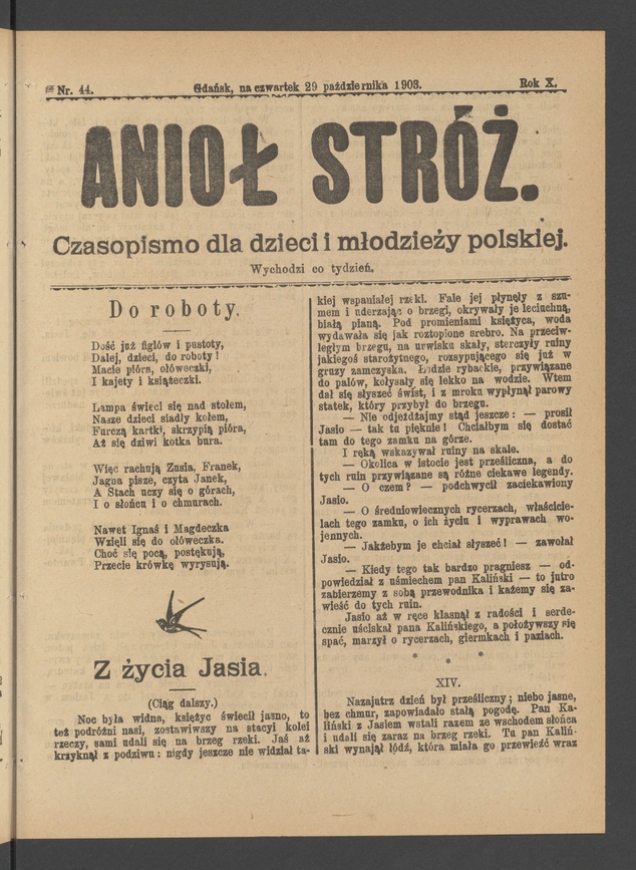 Anioł Str&oacute;ż&nbsp;: czasopismo dla&nbsp;dzieci i&nbsp;młodzieży polskiej. Rok 11, 1903, numer&nbsp;44