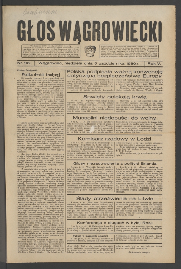 Głos Wągrowiecki. Rok&nbsp;5, 1930, numer&nbsp;116