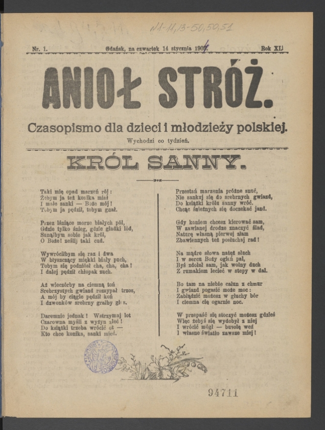 Anioł Str&oacute;ż&nbsp;: czasopismo dla&nbsp;dzieci i&nbsp;młodzieży polskiej. Rok 12, 1904, numer&nbsp;1