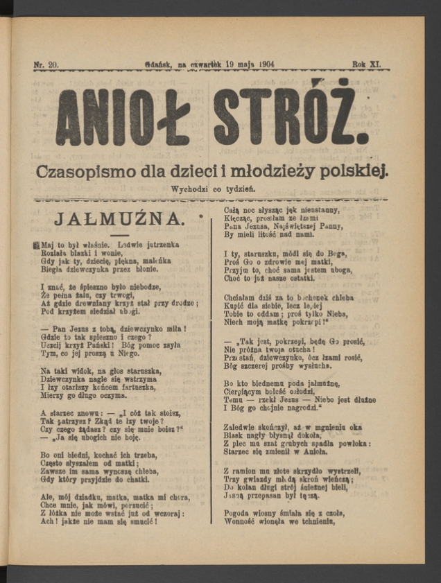 Anioł Str&oacute;ż&nbsp;: czasopismo dla&nbsp;dzieci i&nbsp;młodzieży polskiej. Rok 12, 1904, numer&nbsp;20