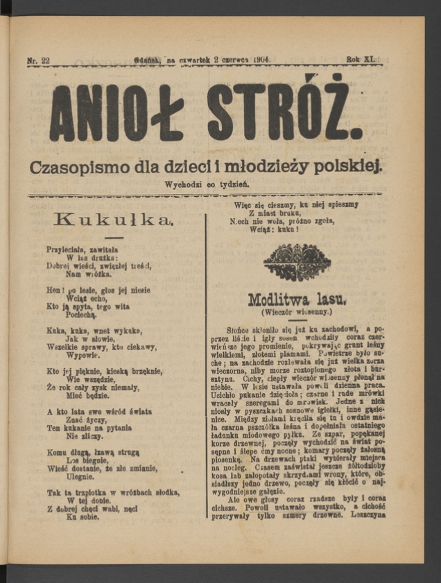 Anioł Str&oacute;ż&nbsp;: czasopismo dla&nbsp;dzieci i&nbsp;młodzieży polskiej. Rok 12, 1904, numer&nbsp;22