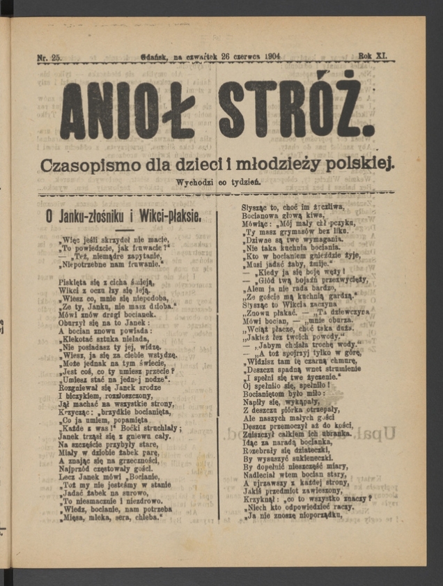Anioł Str&oacute;ż&nbsp;: czasopismo dla&nbsp;dzieci i&nbsp;młodzieży polskiej. Rok 12, 1904, numer&nbsp;25