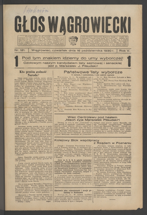 Głos Wągrowiecki. Rok&nbsp;5, 1930, numer&nbsp;121
