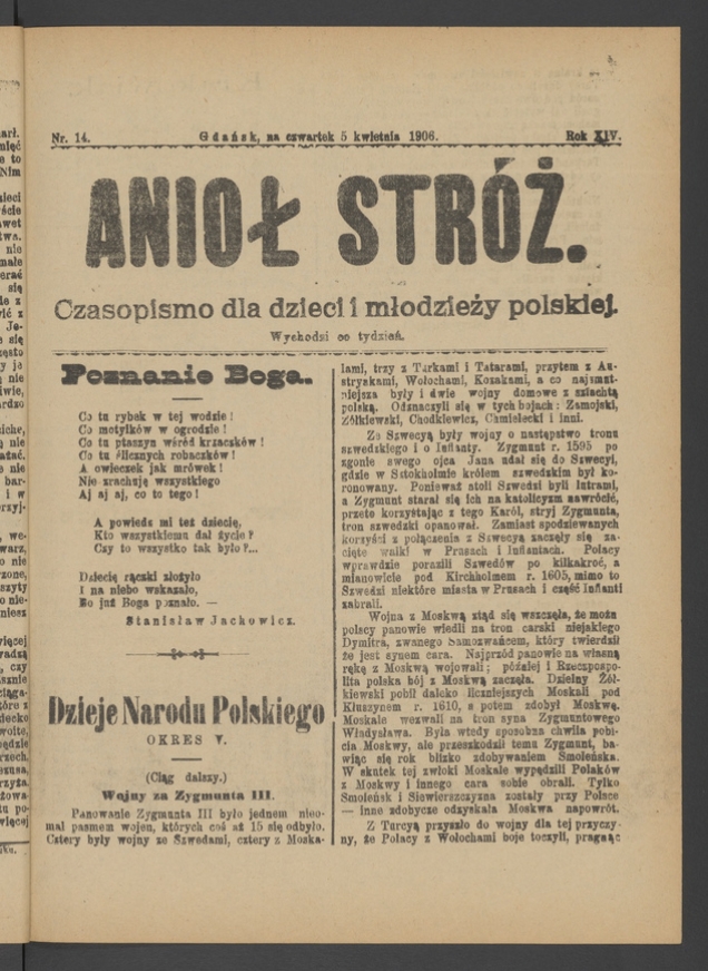 Anioł Str&oacute;ż&nbsp;: czasopismo dla&nbsp;dzieci i&nbsp;młodzieży polskiej. Rok 14, 1906, numer&nbsp;14