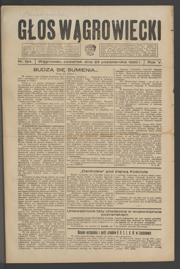 Głos Wągrowiecki. Rok&nbsp;5, 1930, numer&nbsp;124