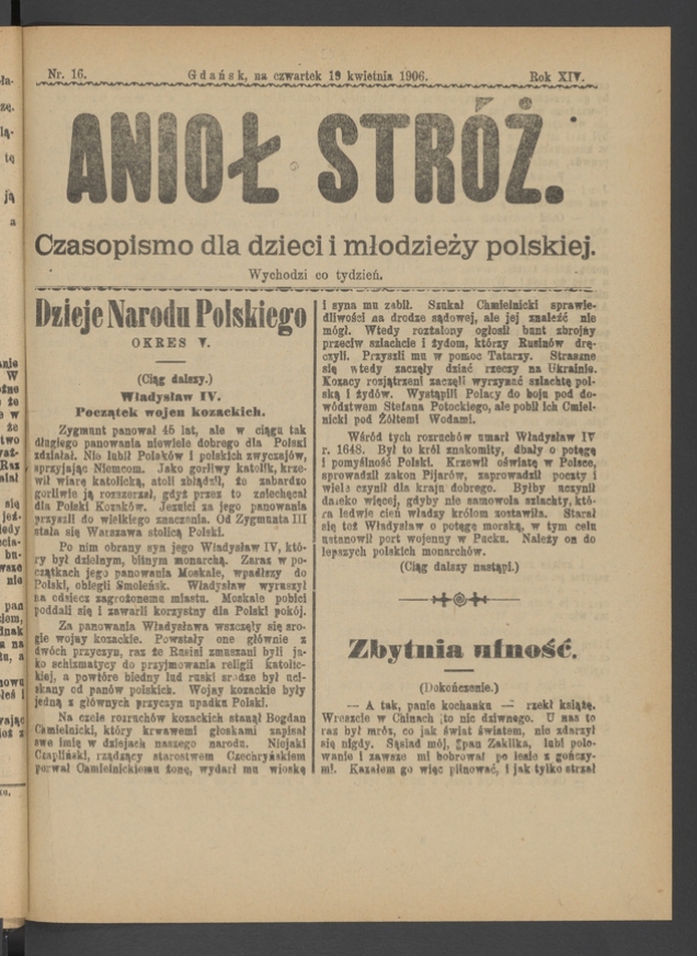 Anioł Str&oacute;ż&nbsp;: czasopismo dla&nbsp;dzieci i&nbsp;młodzieży polskiej. Rok 14, 1906, numer&nbsp;16