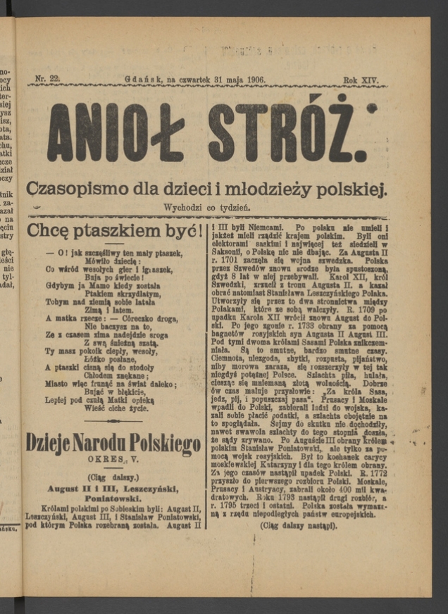 Anioł Str&oacute;ż&nbsp;: czasopismo dla&nbsp;dzieci i&nbsp;młodzieży polskiej. Rok 14, 1906, numer&nbsp;22