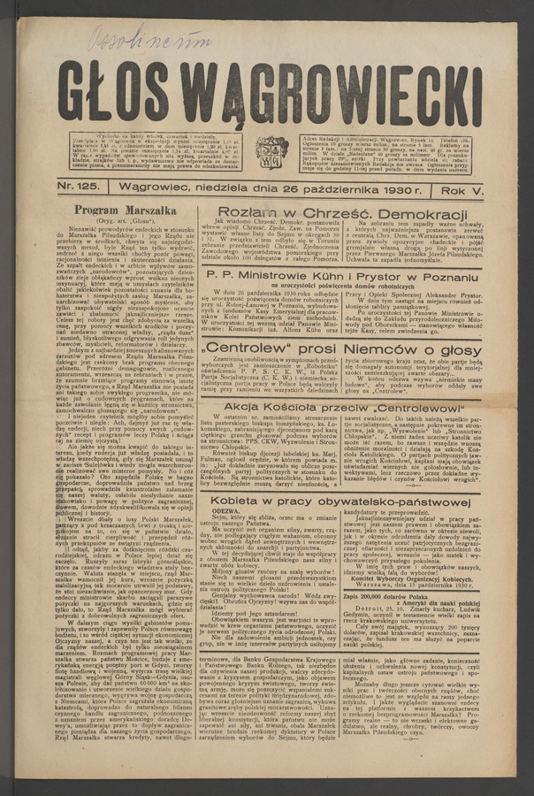 Głos Wągrowiecki. Rok&nbsp;5, 1930, numer&nbsp;125
