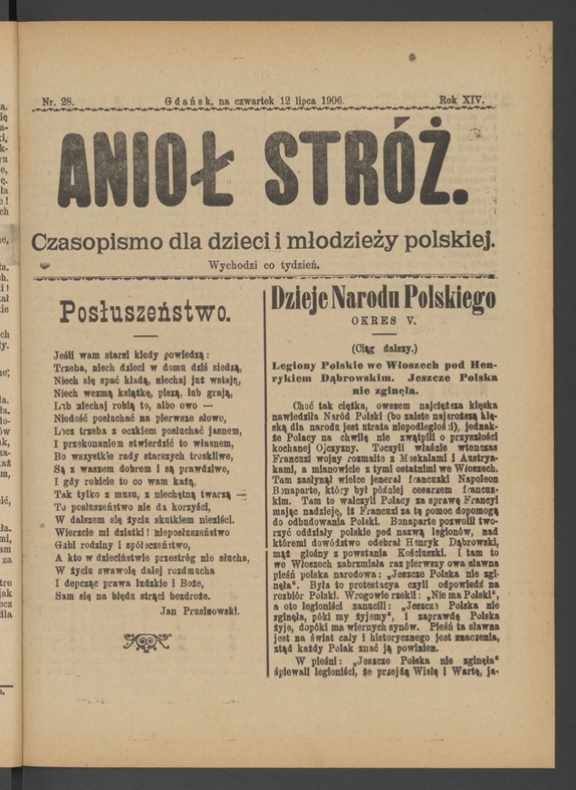 Anioł Str&oacute;ż&nbsp;: czasopismo dla&nbsp;dzieci i&nbsp;młodzieży polskiej. Rok 14, 1906, numer&nbsp;28