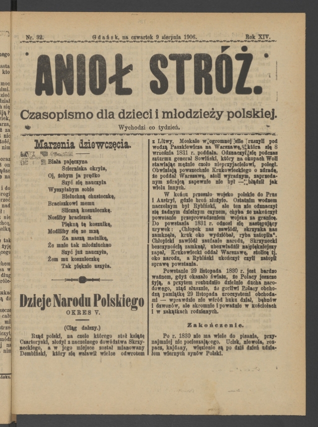 Anioł Str&oacute;ż&nbsp;: czasopismo dla&nbsp;dzieci i&nbsp;młodzieży polskiej. Rok 14, 1906, numer&nbsp;32