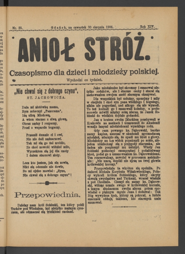Anioł Str&oacute;ż&nbsp;: czasopismo dla&nbsp;dzieci i&nbsp;młodzieży polskiej. Rok 14, 1906, numer&nbsp;35