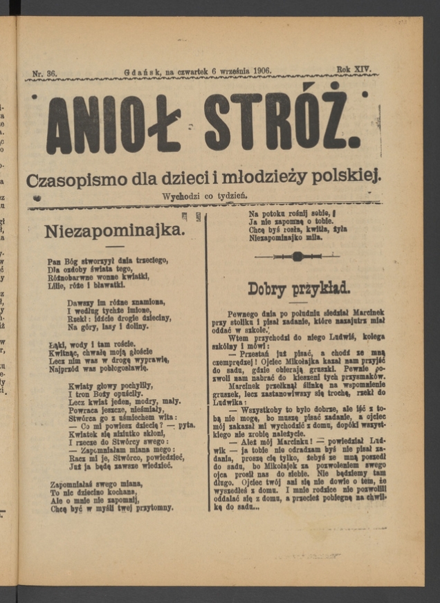 Anioł Str&oacute;ż&nbsp;: czasopismo dla&nbsp;dzieci i&nbsp;młodzieży polskiej. Rok 14, 1906, numer&nbsp;36
