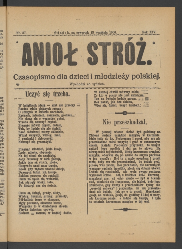 Anioł Str&oacute;ż&nbsp;: czasopismo dla&nbsp;dzieci i&nbsp;młodzieży polskiej. Rok 14, 1906, numer&nbsp;37