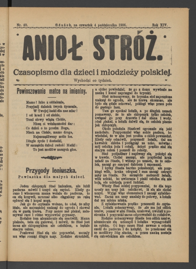Anioł Str&oacute;ż&nbsp;: czasopismo dla&nbsp;dzieci i&nbsp;młodzieży polskiej. Rok 14, 1906, numer&nbsp;40