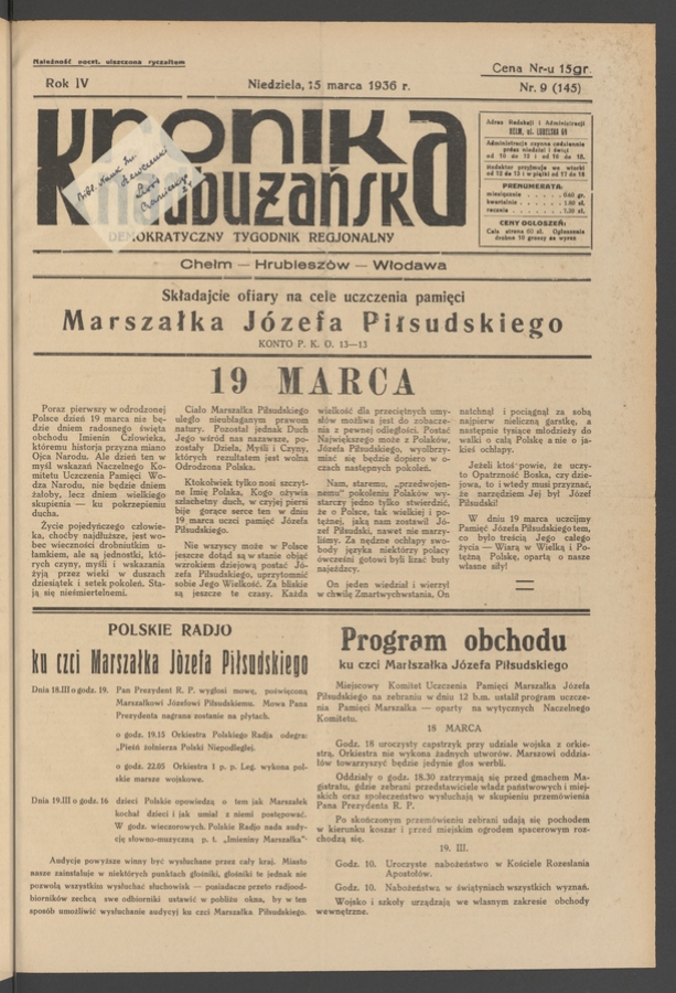 Kronika Nadbużańska&nbsp;: demokratyczny tygodnik regjonalny. Rok&nbsp;4, 1936, numer&nbsp;9
