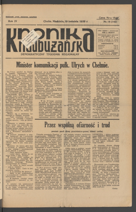 Kronika Nadbużańska&nbsp;: demokratyczny tygodnik regjonalny. Rok&nbsp;4, 1936, numer&nbsp;14