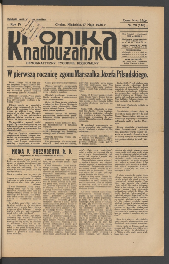 Kronika Nadbużańska&nbsp;: demokratyczny tygodnik regjonalny. Rok&nbsp;4, 1936, numer&nbsp;20