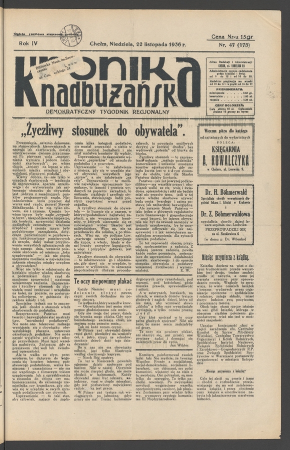 Kronika Nadbużańska&nbsp;: demokratyczny tygodnik regjonalny. Rok&nbsp;4, 1936, numer&nbsp;47