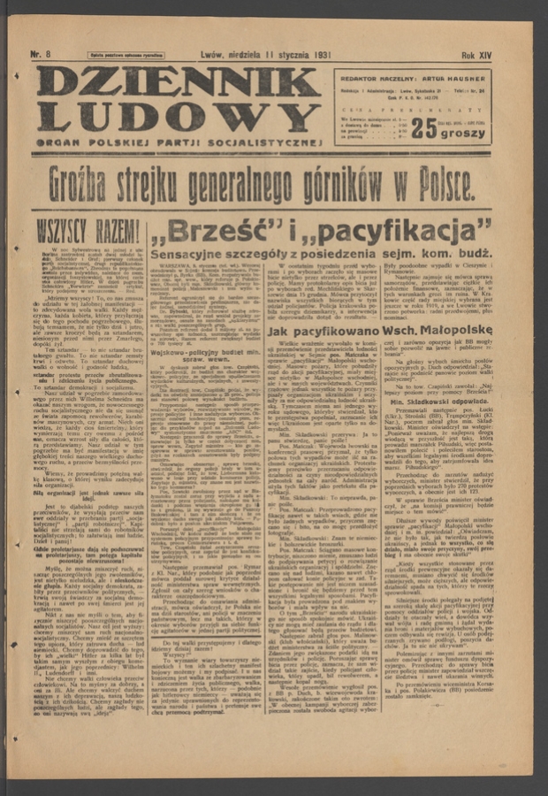Dziennik Ludowy&nbsp;: organ Polskiej Partji Socjalistycznej. Rok&nbsp;14, 1931, numer&nbsp;8