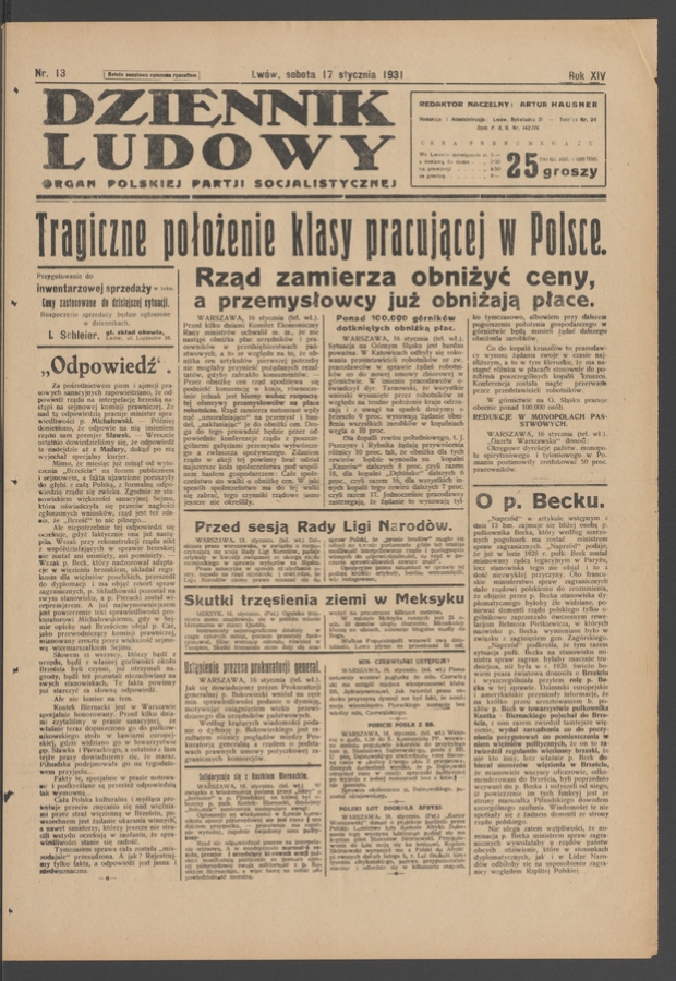 Dziennik Ludowy&nbsp;: organ Polskiej Partji Socjalistycznej. Rok&nbsp;14, 1931, numer&nbsp;13