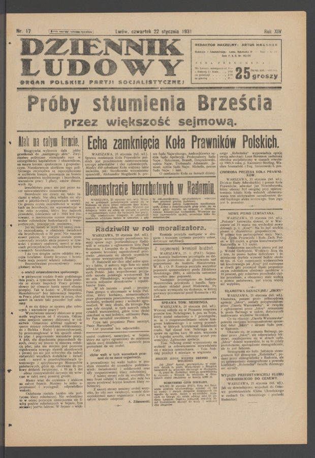 Dziennik Ludowy&nbsp;: organ Polskiej Partji Socjalistycznej. Rok&nbsp;14, 1931, numer&nbsp;17