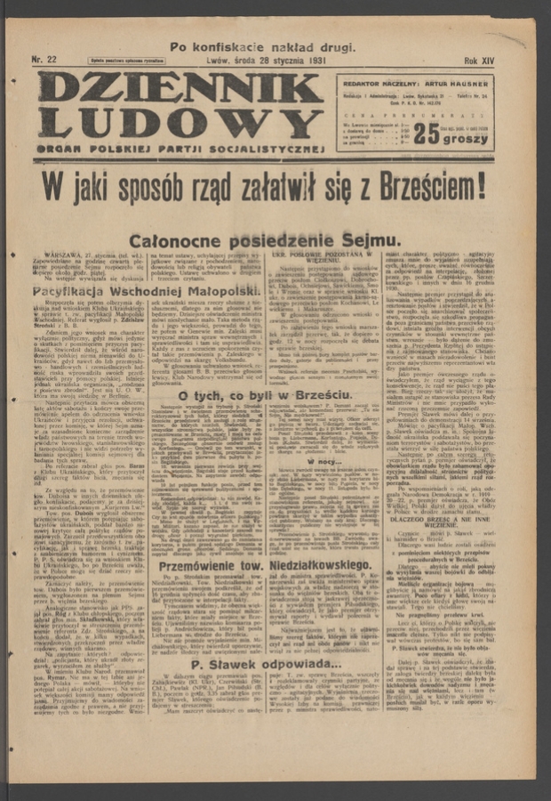 Dziennik Ludowy&nbsp;: organ Polskiej Partji Socjalistycznej. Rok&nbsp;14, 1931, numer&nbsp;22 (po&nbsp;konfiskacie nakład drugi)