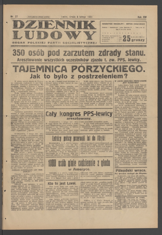 Dziennik Ludowy&nbsp;: organ Polskiej Partji Socjalistycznej. Rok&nbsp;14, 1931, numer&nbsp;27