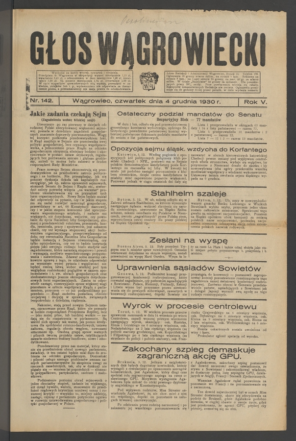 Głos Wągrowiecki. Rok&nbsp;5, 1930, numer&nbsp;142