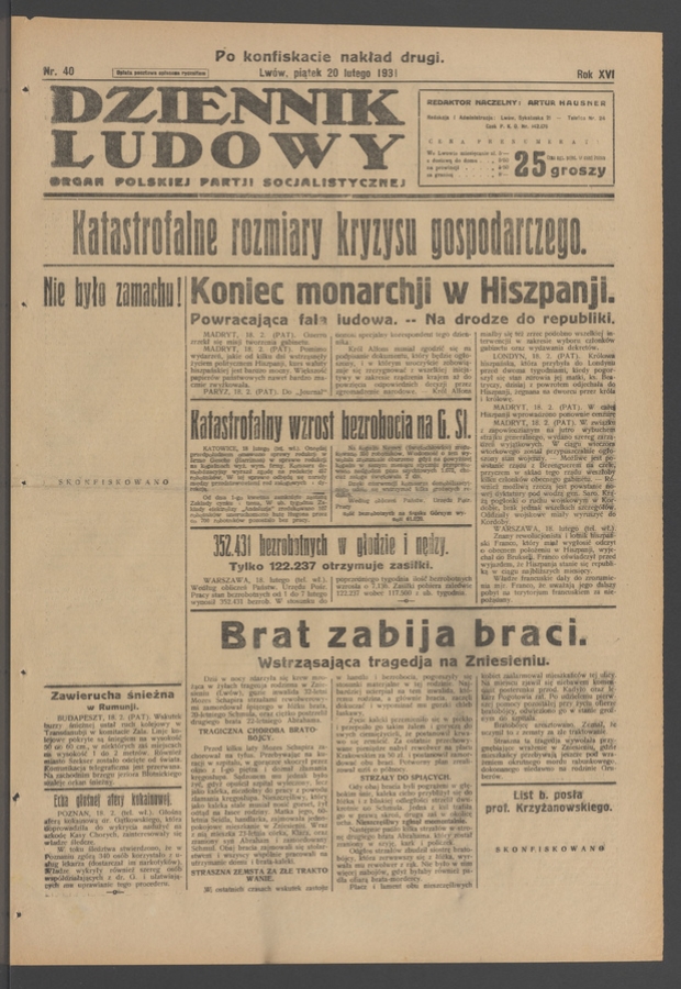 Dziennik Ludowy&nbsp;: organ Polskiej Partji Socjalistycznej. Rok&nbsp;14, 1931, numer&nbsp;40 (po&nbsp;konfiskacie nakład drugi)