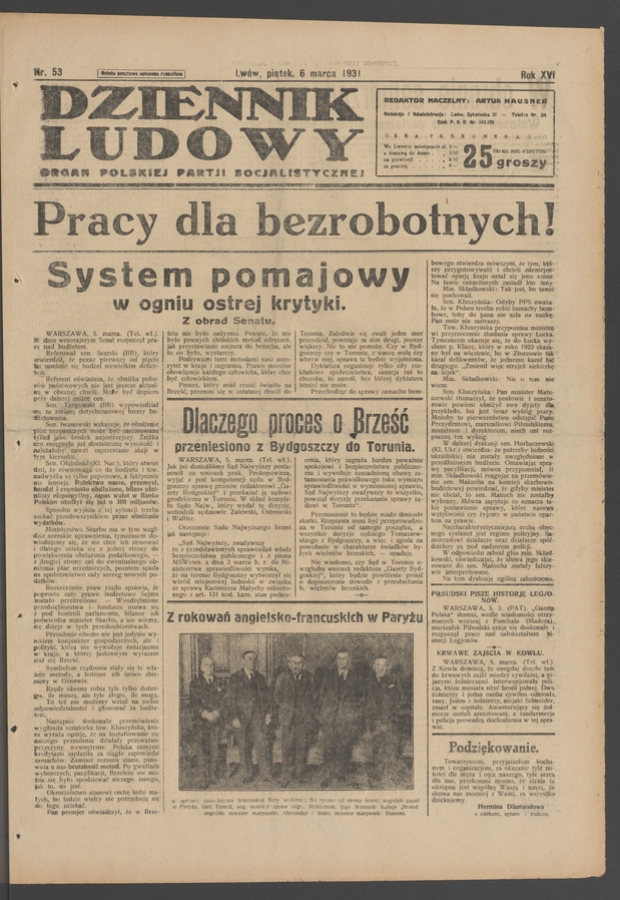 Dziennik Ludowy&nbsp;: organ Polskiej Partji Socjalistycznej. Rok&nbsp;14, 1931, numer&nbsp;53