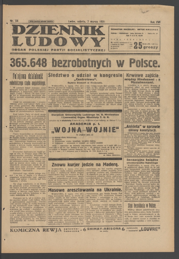 Dziennik Ludowy&nbsp;: organ Polskiej Partji Socjalistycznej. Rok&nbsp;14, 1931, numer&nbsp;54