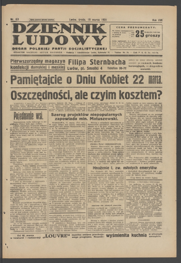 Dziennik Ludowy&nbsp;: organ Polskiej Partji Socjalistycznej. Rok&nbsp;14, 1931, numer&nbsp;63