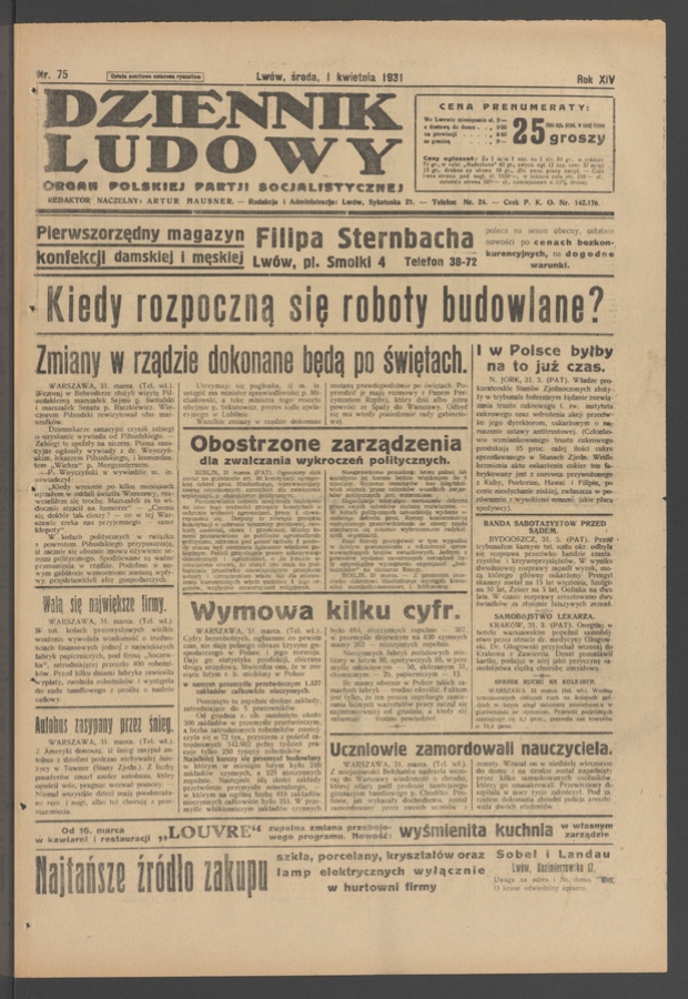 Dziennik Ludowy&nbsp;: organ Polskiej Partji Socjalistycznej. Rok&nbsp;14, 1931, numer&nbsp;75