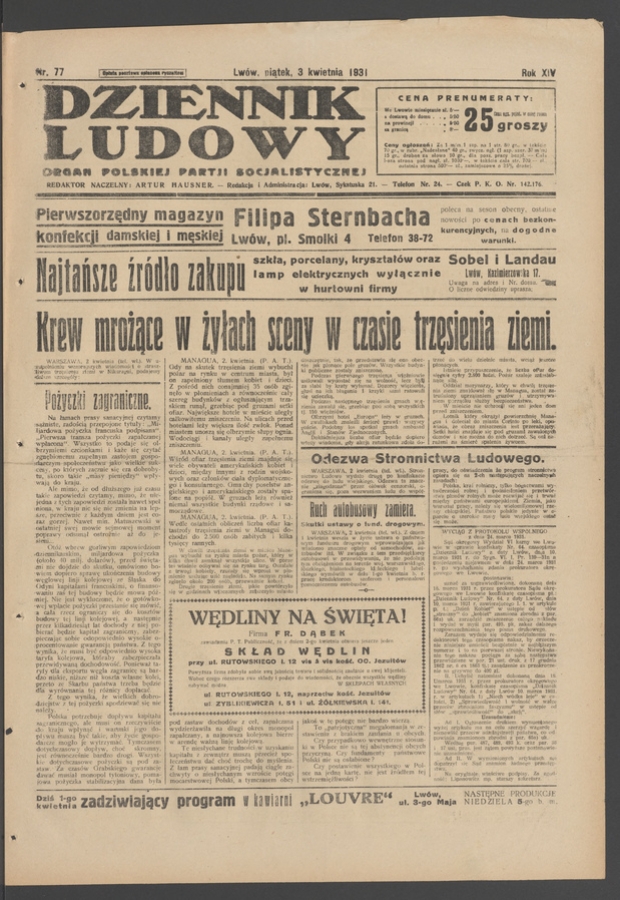 Dziennik Ludowy&nbsp;: organ Polskiej Partji Socjalistycznej. Rok&nbsp;14, 1931, numer&nbsp;77