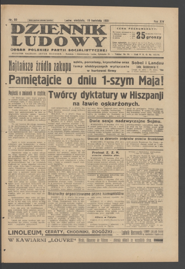 Dziennik Ludowy&nbsp;: organ Polskiej Partji Socjalistycznej. Rok&nbsp;14, 1931, numer&nbsp;89