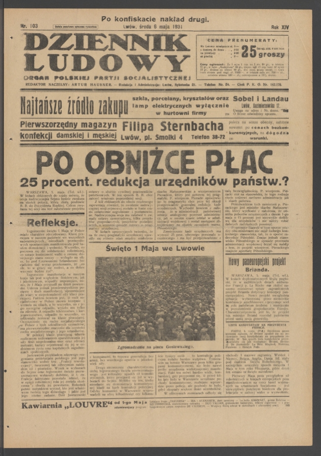 Dziennik Ludowy&nbsp;: organ Polskiej Partji Socjalistycznej. Rok&nbsp;14, 1931, numer&nbsp;103 (po&nbsp;konfiskacie nakład drugi)