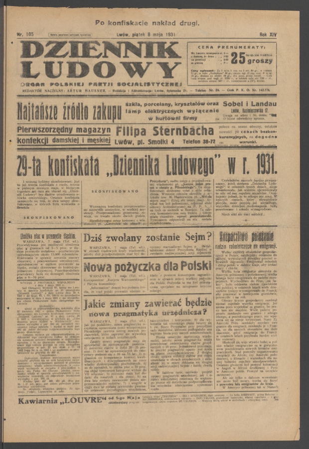 Dziennik Ludowy&nbsp;: organ Polskiej Partji Socjalistycznej. Rok&nbsp;14, 1931, numer&nbsp;105 (po&nbsp;konfiskacie nakład drugi)