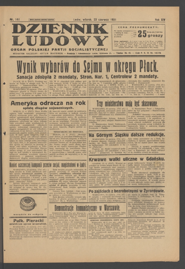 Dziennik Ludowy&nbsp;: organ Polskiej Partji Socjalistycznej. Rok&nbsp;14, 1931, numer&nbsp;141