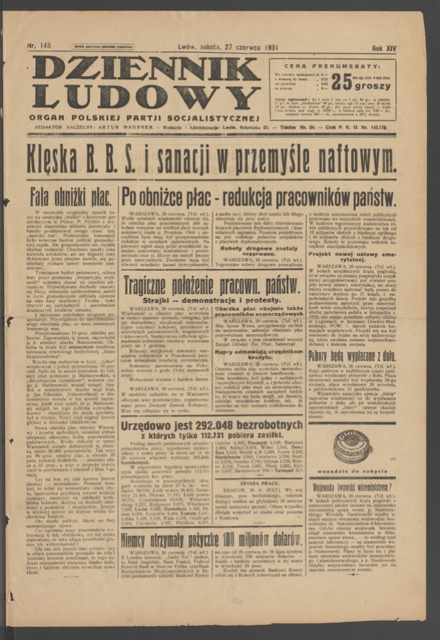 Dziennik Ludowy&nbsp;: organ Polskiej Partji Socjalistycznej. Rok&nbsp;14, 1931, numer&nbsp;145