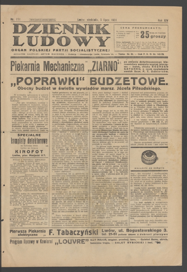 Dziennik Ludowy&nbsp;: organ Polskiej Partji Socjalistycznej. Rok&nbsp;14, 1931, numer&nbsp;151
