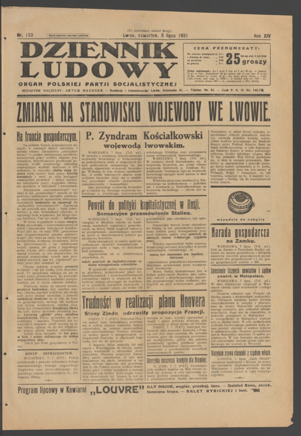 Dziennik Ludowy&nbsp;: organ Polskiej Partji Socjalistycznej. Rok&nbsp;14, 1931, numer&nbsp;153 (po&nbsp;konfiskacie nakład drugi)