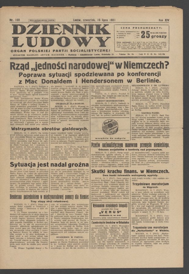 Dziennik Ludowy&nbsp;: organ Polskiej Partji Socjalistycznej. Rok&nbsp;14, 1931, numer&nbsp;160