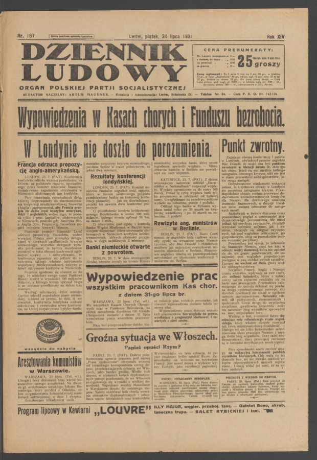 Dziennik Ludowy&nbsp;: organ Polskiej Partji Socjalistycznej. Rok&nbsp;14, 1931, numer&nbsp;167