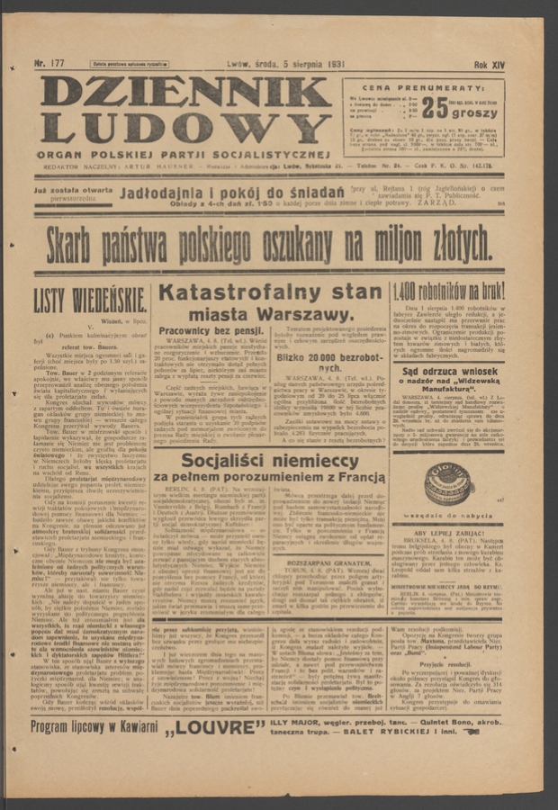 Dziennik Ludowy&nbsp;: organ Polskiej Partji Socjalistycznej. Rok&nbsp;14, 1931, numer&nbsp;177