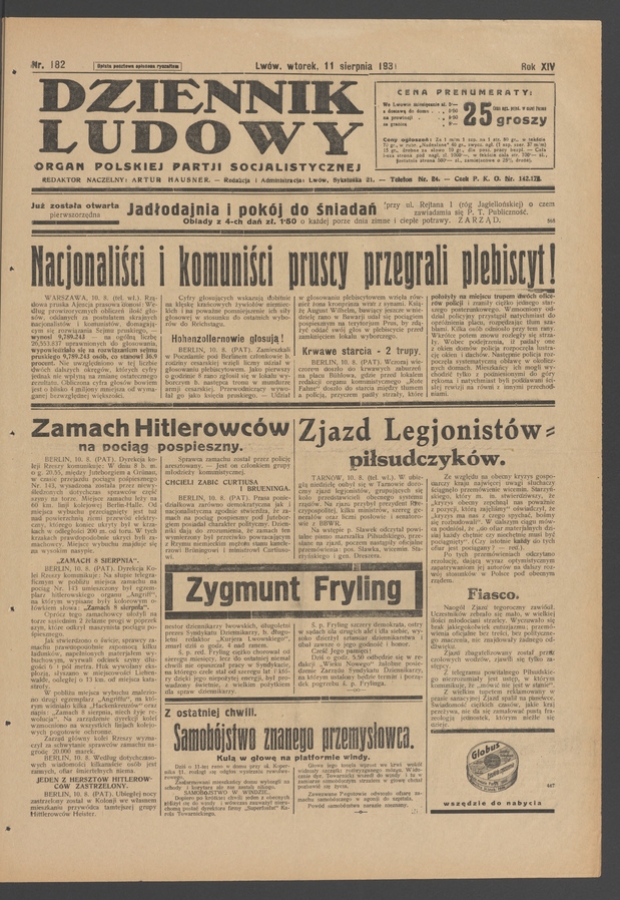 Dziennik Ludowy&nbsp;: organ Polskiej Partji Socjalistycznej. Rok&nbsp;14, 1931, numer&nbsp;182